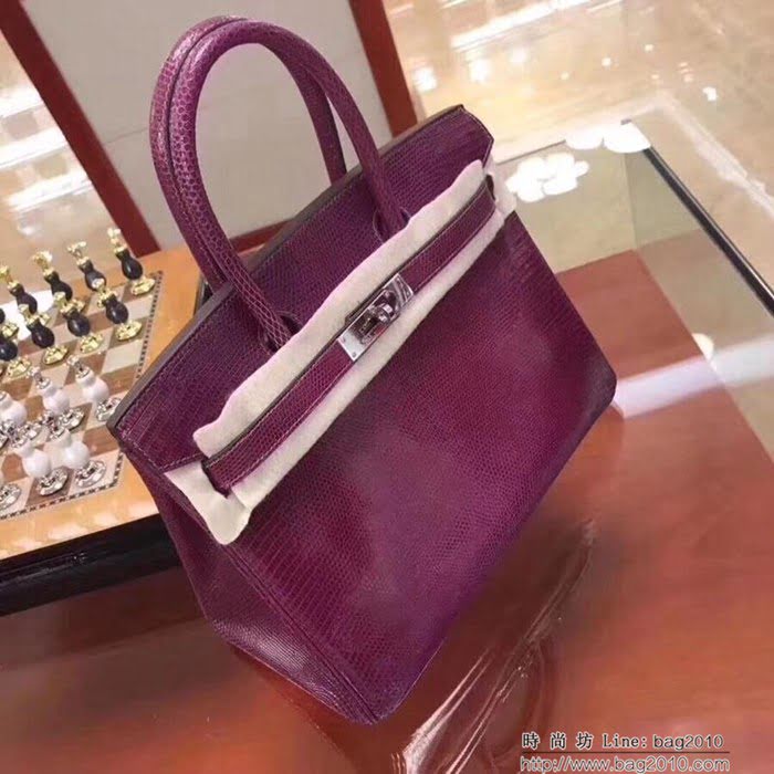 HERMES愛馬仕 鉑金包 Birkin 25cm 蜥蜴 Lizard leather 海葵紫 銀扣 蠟線手縫 時尚手提包  Ama1152